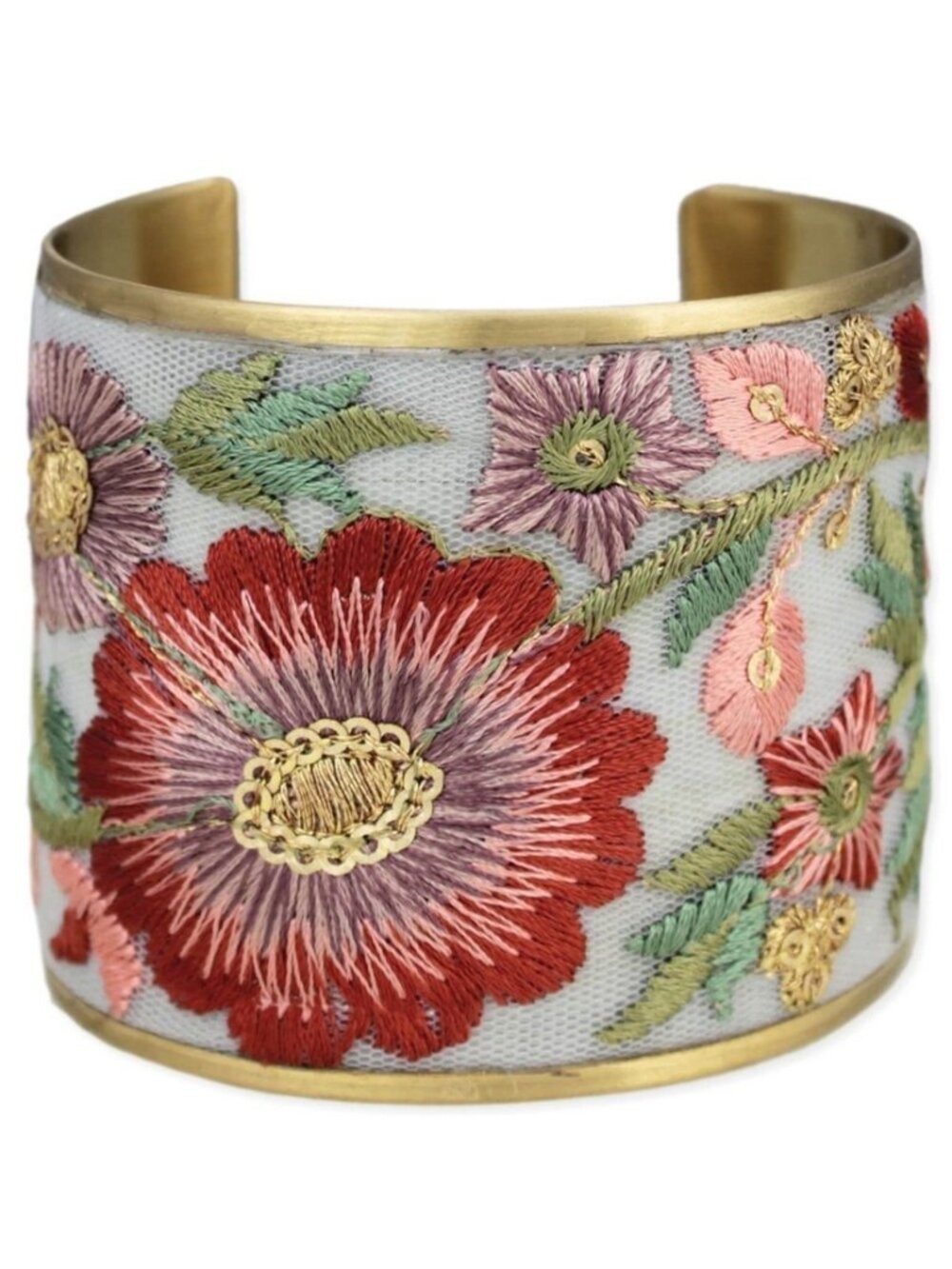 Rust Rose Pink Embroidered Brushed Gold tone Vintage Inspired Cuff Bracelet - Picture 2 of 11